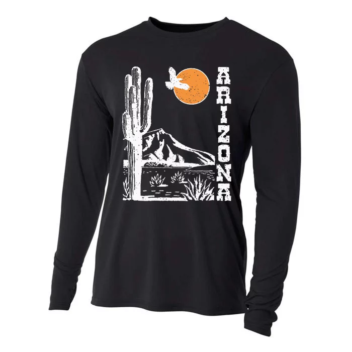 Retro Vintage Arizona Mountain Sedona Desert Sun And Cactus Cooling Performance Long Sleeve Crew