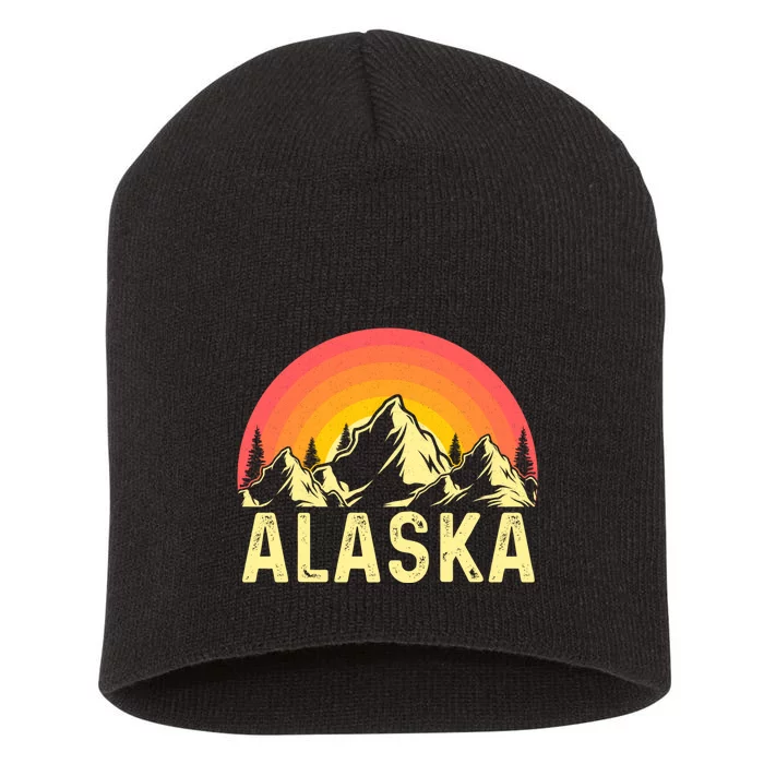 Retro Vintage Alaska Mountain & Sun Short Acrylic Beanie