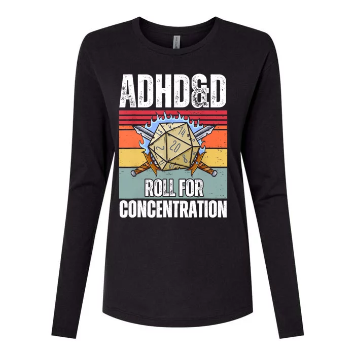 Retro Vintage ADHD&D Roll For Concentration Funny Gamer Womens Cotton Relaxed Long Sleeve T-Shirt