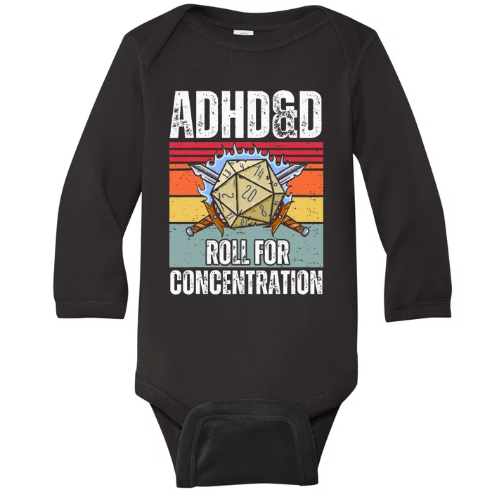 Retro Vintage Adhd&D Roll For Concentration Funny Gamer Baby Long Sleeve Bodysuit