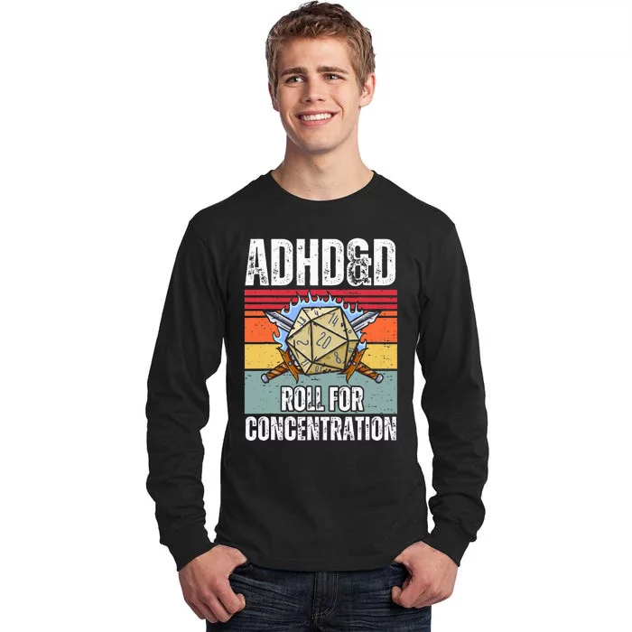 Retro Vintage Adhd&D Roll For Concentration Funny Gamer Tall Long Sleeve T-Shirt