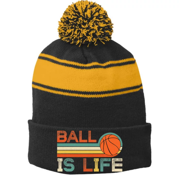 Retro Vintage Ball Is Life Basketball Fans Lover Funny Stripe Pom Pom Beanie