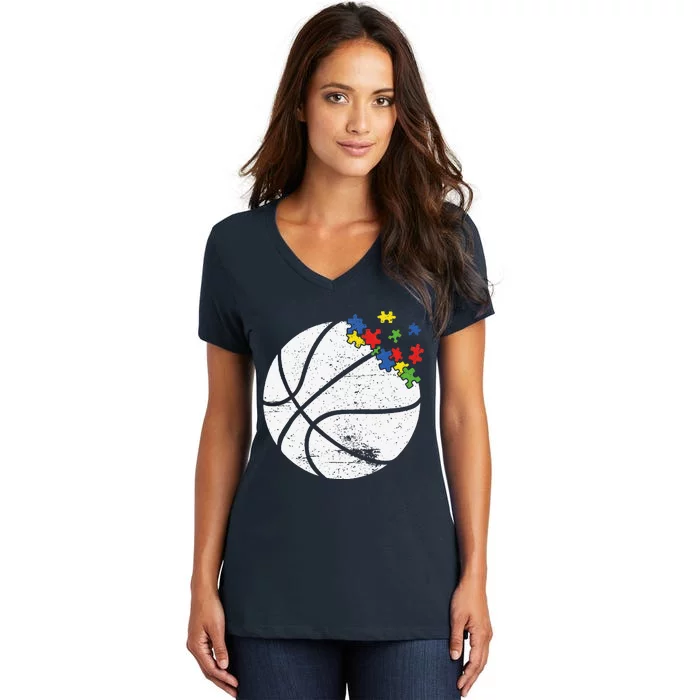 Retro Vintage Basketball Heart Autism Awareness Sport Lover Women's V-Neck T-Shirt