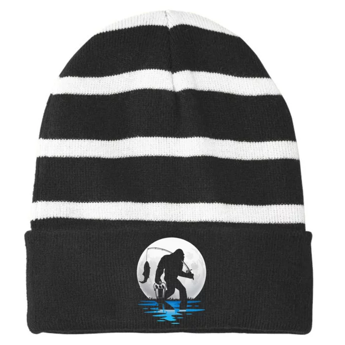 Retro Vintage Bigfoot Sasquatch Fishing Lover Fan Fisher Striped Beanie with Solid Band