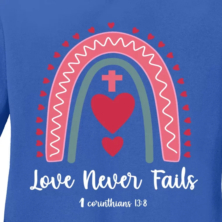 Religious Valentines Christian Love Never Fails Rainbow Gift Ladies Long Sleeve Shirt