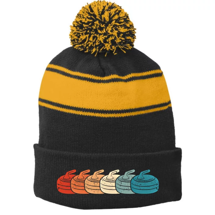 Retro Vintage Curling Player Curler Winter Ice Sports Stones Gift Stripe Pom Pom Beanie