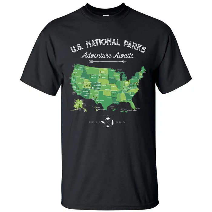 Retro Vintage Camping Hiking 63 National Parks Map US Park Tall T-Shirt