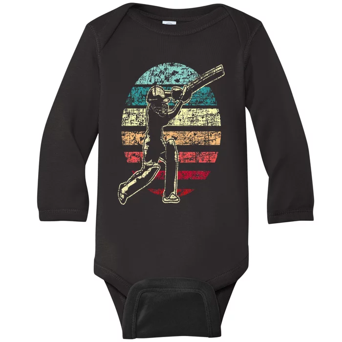 Retro Vintage Cricket Game Cricketer Cricketing Batting Baby Long Sleeve Bodysuit