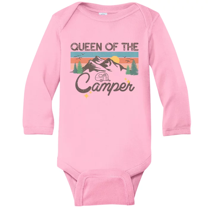 Retro Vintage Camping Women Queen Of The Camper Baby Long Sleeve Bodysuit