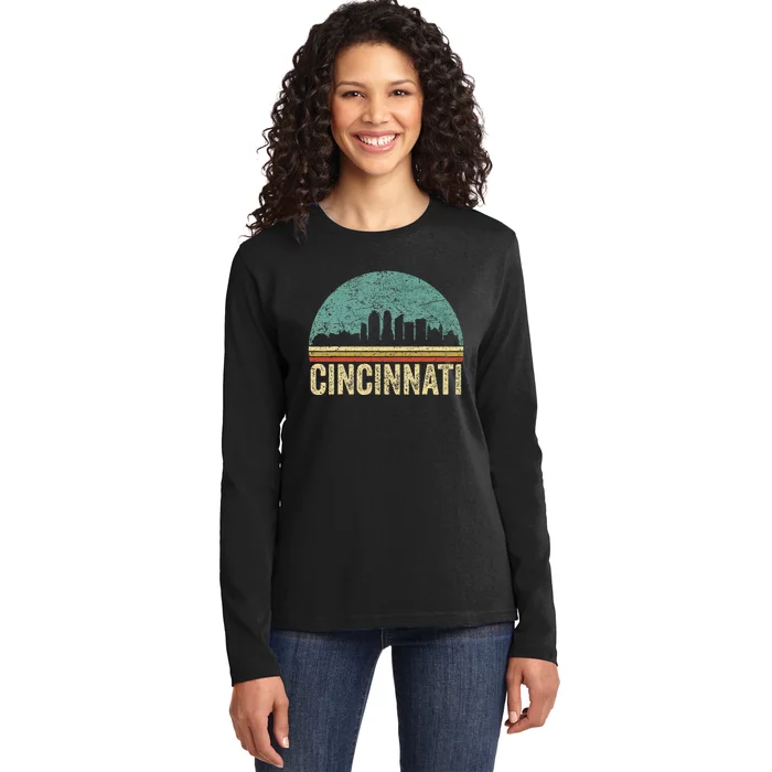 Retro Vintage Cincinnati Skyline 70s 80s Souvenir Ladies Long Sleeve Shirt