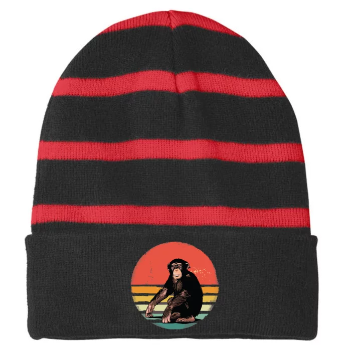 Retro Vintage Chimpanzee Monkey Wild Forest Animal Striped Beanie with Solid Band