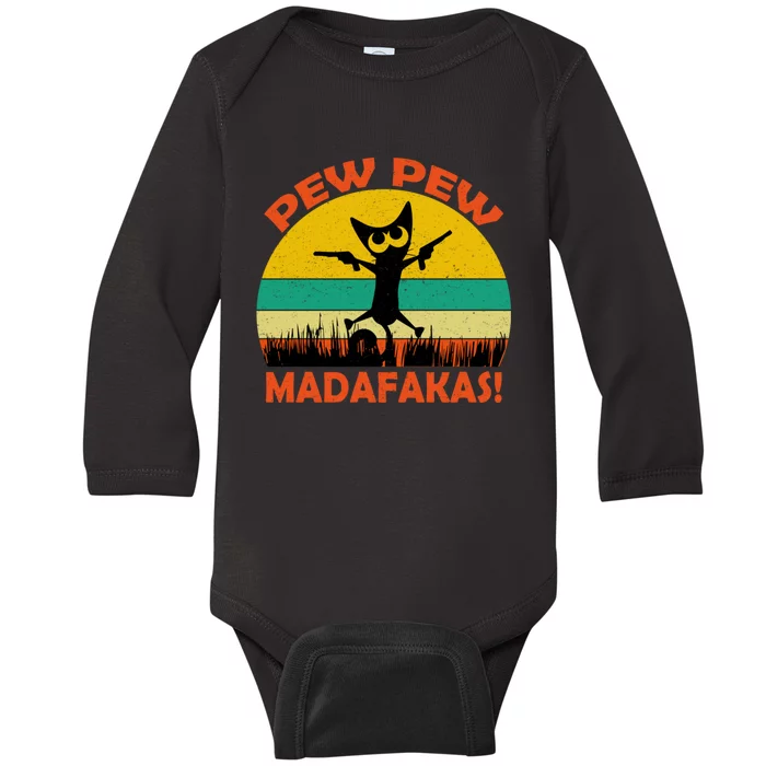 Retro Vintage Cat Pew Pew Madafakas Baby Long Sleeve Bodysuit