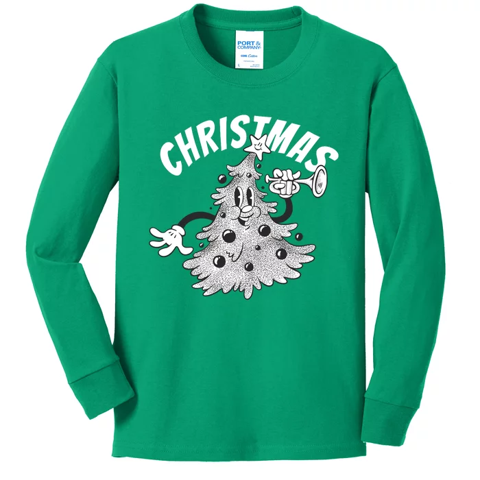 Retro Vintage Christmas Tree Cartoon Merry & Bright Kids Long Sleeve Shirt