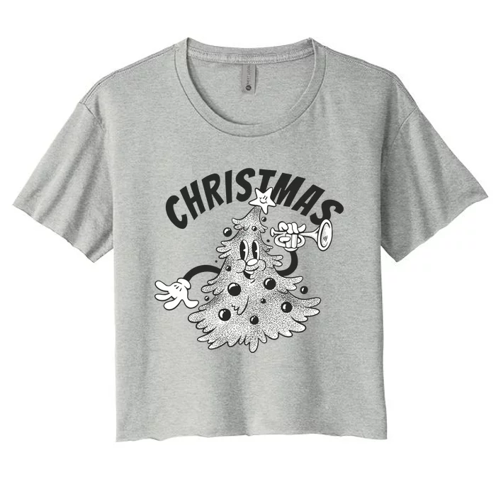 Retro Vintage Christmas Tree Cartoon Merry & Bright Women's Crop Top Tee