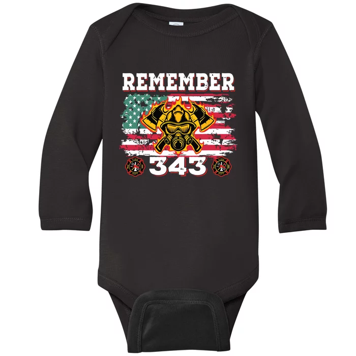 Remember Vintage Distressed Firefighter American Flag Baby Long Sleeve Bodysuit