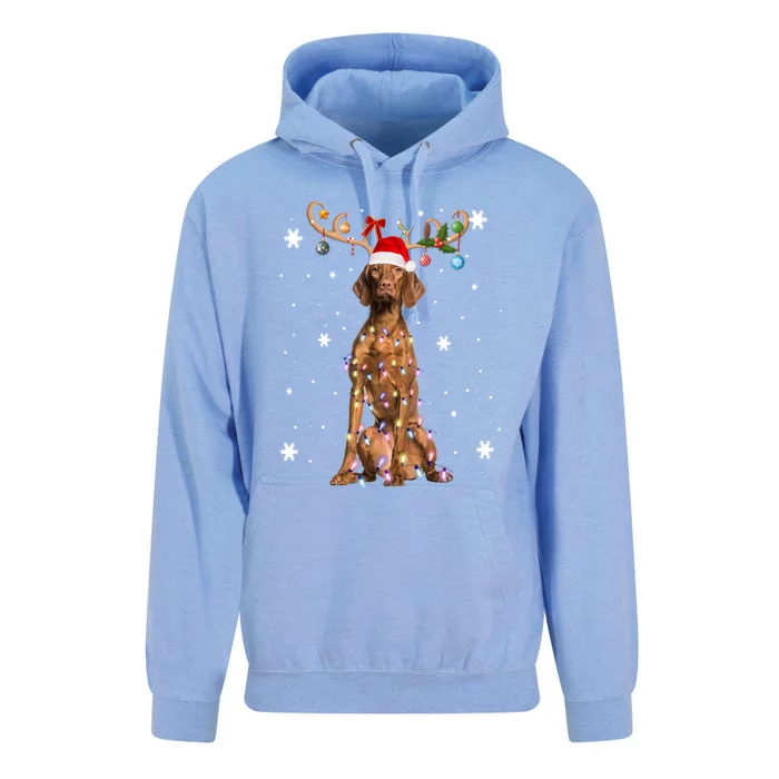 Reindeer Vizsla Dog Santa Hat Christmas Light Xmas Vizsla Cute Gift Unisex Surf Hoodie