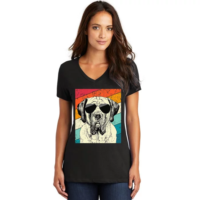 Retro Vintage English Mastiff With Sunglasses Dog Lovers Women's V-Neck T-Shirt