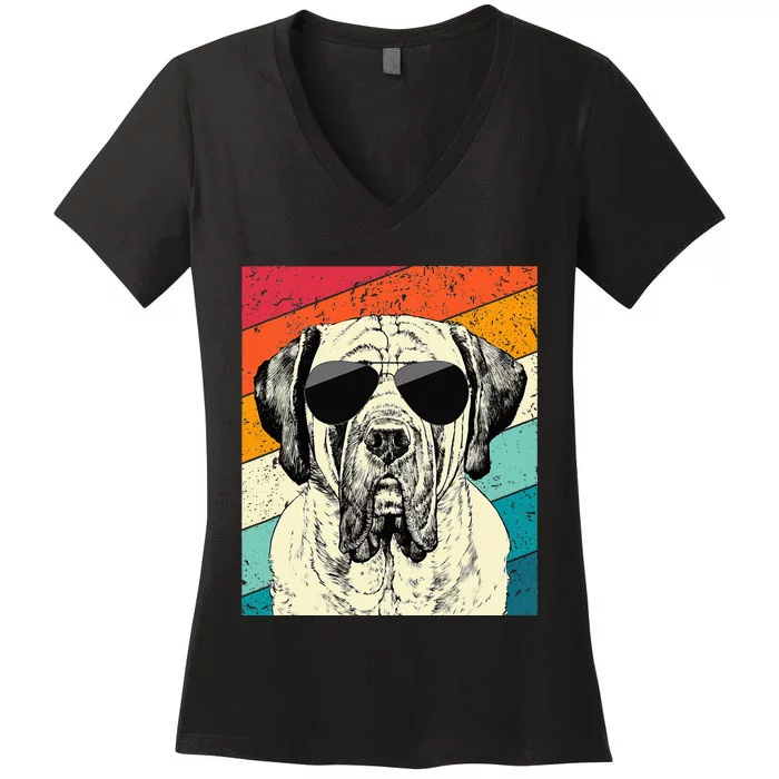 Retro Vintage English Mastiff With Sunglasses Dog Lovers Women's V-Neck T-Shirt