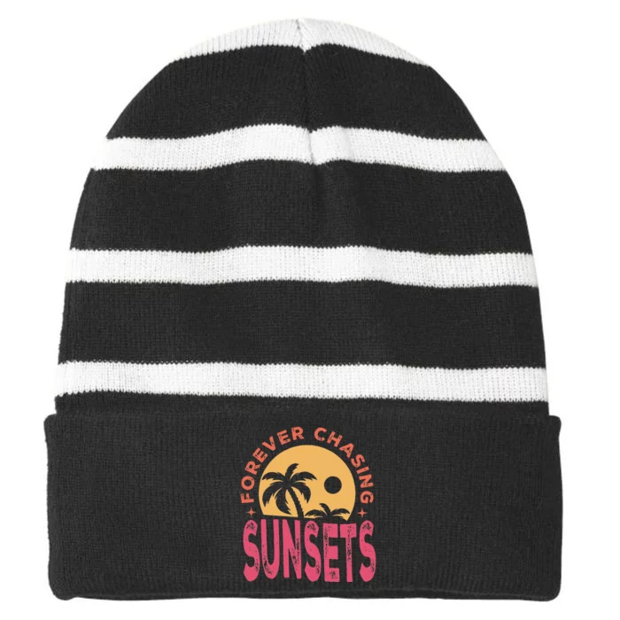 Retro Vintage Forever Chasing Sunsets Summer Vacation Outfit Striped Beanie with Solid Band