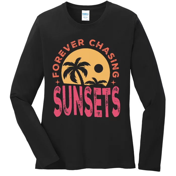 Retro Vintage Forever Chasing Sunsets Summer Vacation Outfit Ladies Long Sleeve Shirt