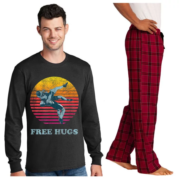 Retro Vintage Faded Cracked 70 80s Style Free Hugs Wrestling Long Sleeve Pajama Set