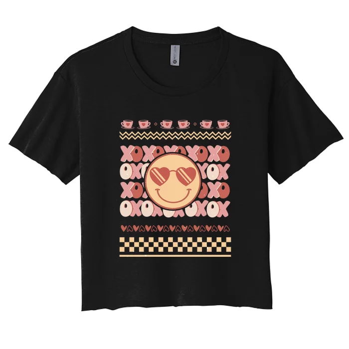 Retro Valentine Funny XOXO Smile Face Ugly Sweater Gift For Valentine Day Women's Crop Top Tee