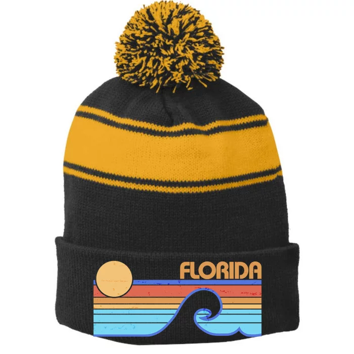 Retro Vintage Florida Sunset Wave Stripe Pom Pom Beanie