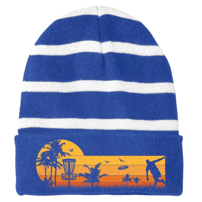 Retro Vintage Frisbee Golf Player Design Disc Golf Cute Gift Striped Beanie with Solid Band