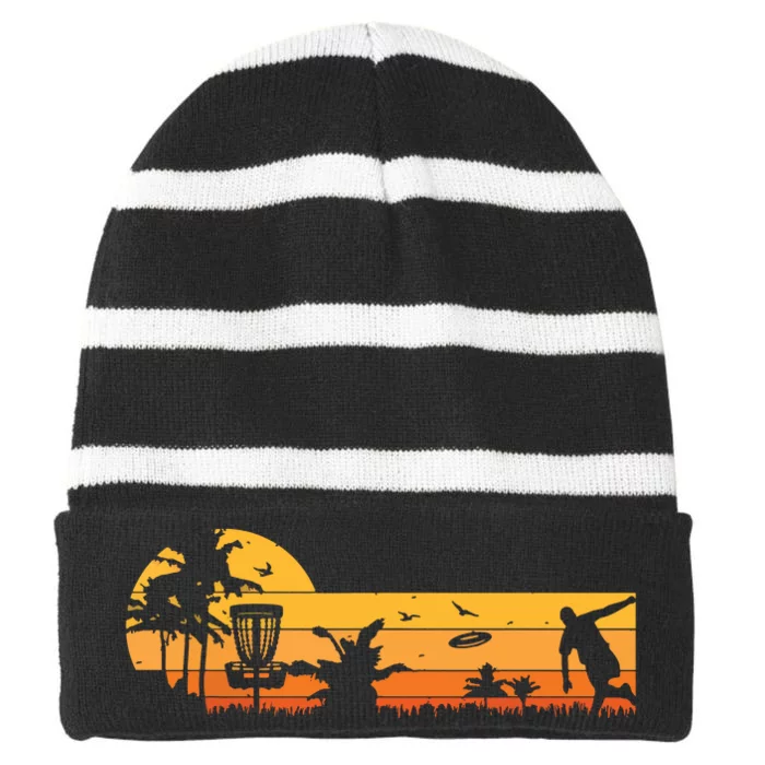 Retro Vintage Frisbee Golf Player Design | Disc Golf Striped Beanie with Solid Band