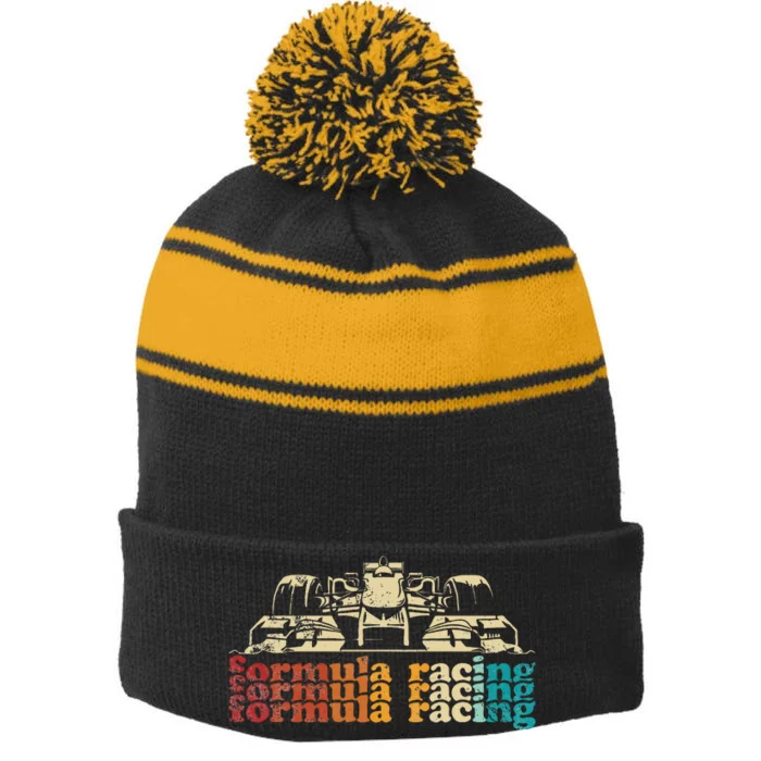 Retro Vintage Formula Racing Silhouette Race Car Lovers Fan Stripe Pom Pom Beanie