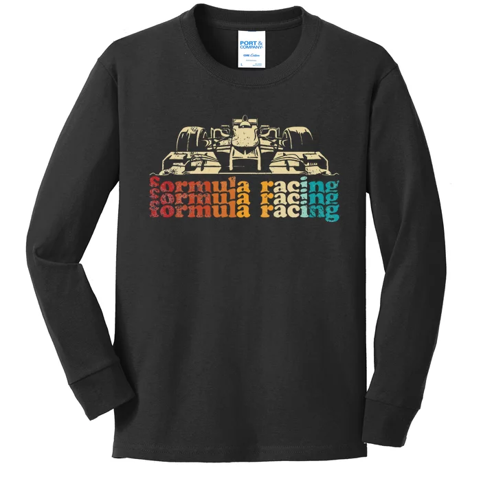 Retro Vintage Formula Racing Silhouette Race Car Lovers Fan Kids Long Sleeve Shirt