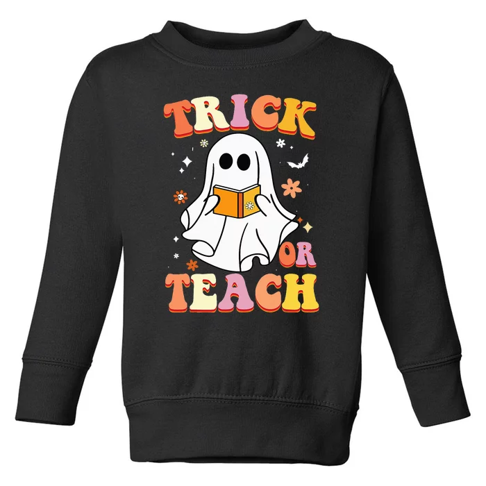 Retro Vintage Groovy Trick Or Teach Funny Teacher Halloween Toddler Sweatshirt