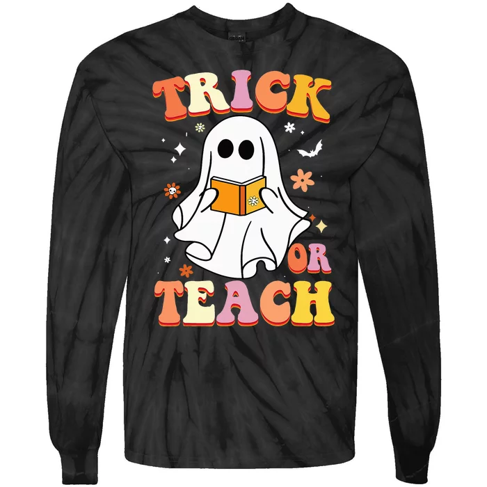 Retro Vintage Groovy Trick Or Teach Funny Teacher Halloween Tie-Dye Long Sleeve Shirt