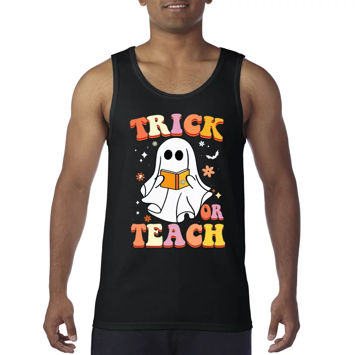 Retro Vintage Groovy Trick Or Teach Funny Teacher Halloween Tank Top