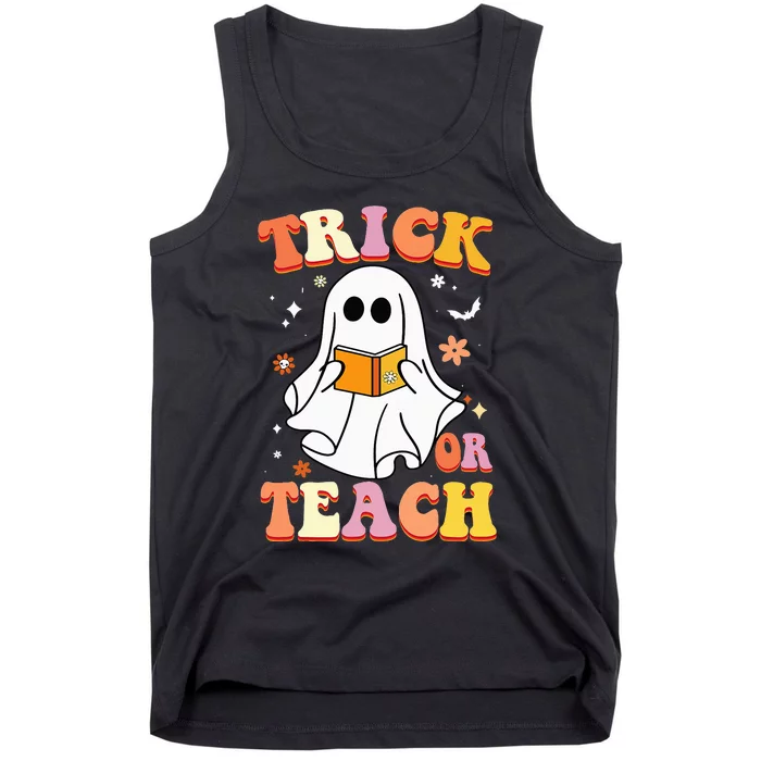 Retro Vintage Groovy Trick Or Teach Funny Teacher Halloween Tank Top