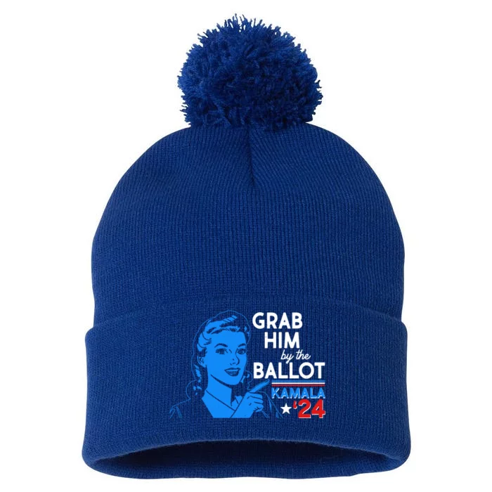 Retro Vintage Grab Him The Ballot Kamala Harris 2024 Pom Pom 12in Knit Beanie