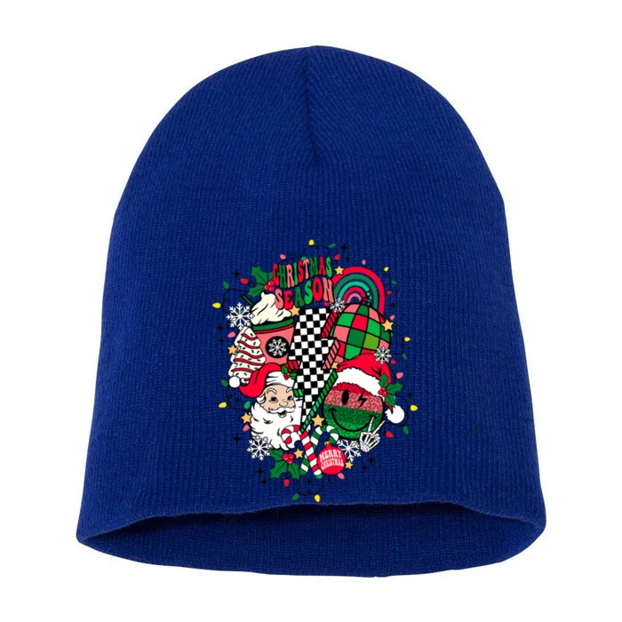 Retro Vintage Groovy Merry Christmas With Santa Claus Short Acrylic Beanie