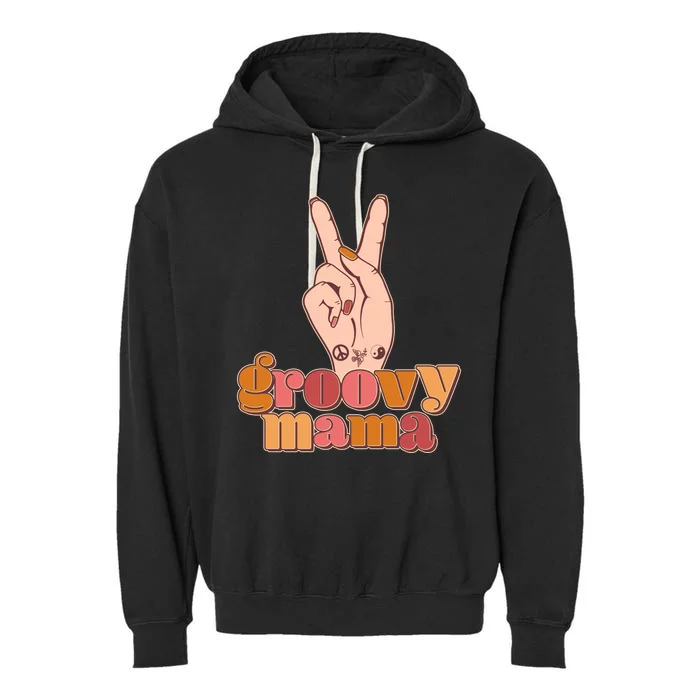 Retro Vintage Groovy Mama Peace Sign Garment-Dyed Fleece Hoodie