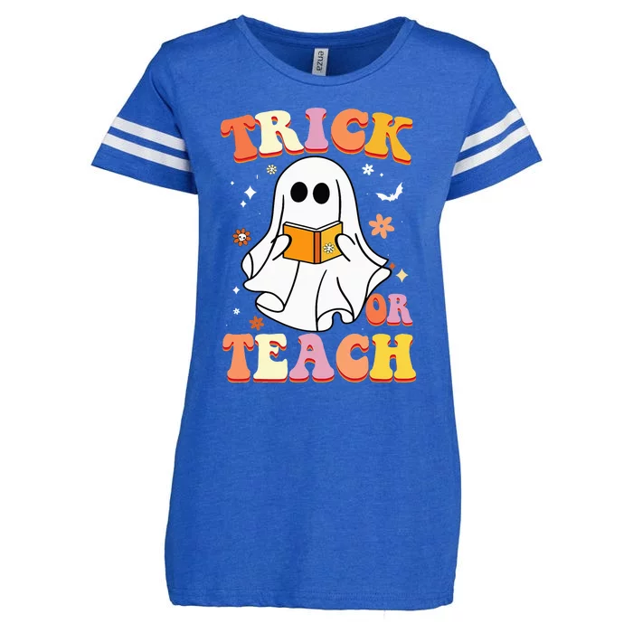 Retro Vintage Groovy Trick Or Teach Funny Teacher Halloween Enza Ladies Jersey Football T-Shirt