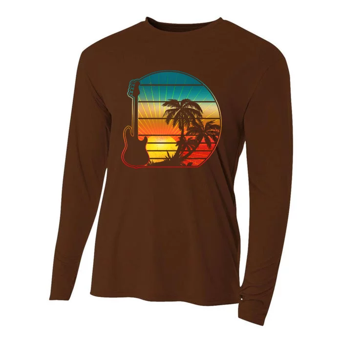 Retro Vintage Guitar Sunset Sunrise Island Cooling Performance Long Sleeve Crew