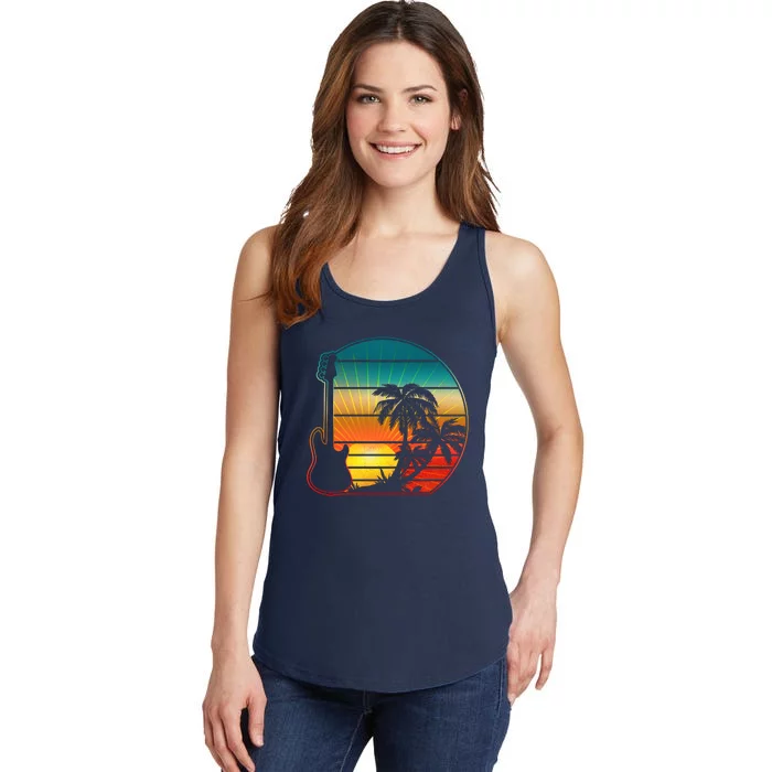 Retro Vintage Guitar Sunset Sunrise Island Ladies Essential Tank