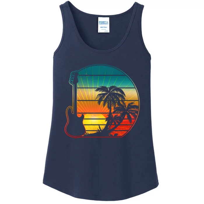 Retro Vintage Guitar Sunset Sunrise Island Ladies Essential Tank