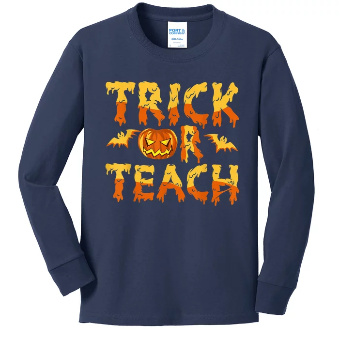 Retro Vintage Groovy Trick Or Teach Halloween Teacher Life Kids Long Sleeve Shirt