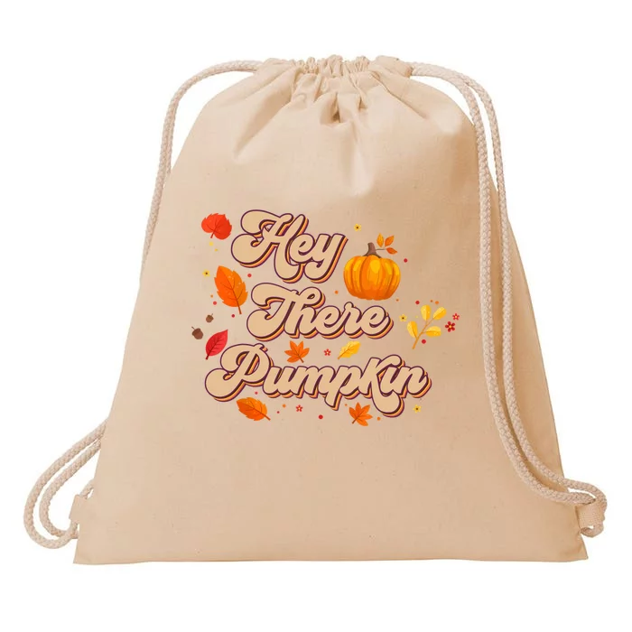 Retro Vintage Hey There Pumpkin Season Autumn Leaves Drawstring Bag