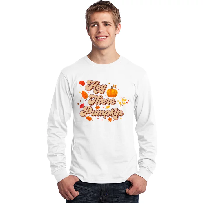 Retro Vintage Hey There Pumpkin Season Autumn Leaves Long Sleeve Shirt