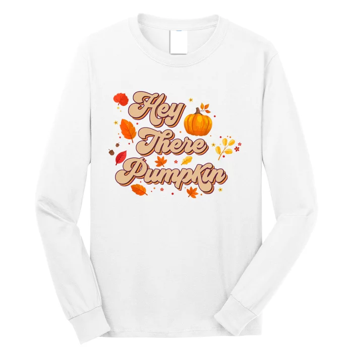 Retro Vintage Hey There Pumpkin Season Autumn Leaves Long Sleeve Shirt