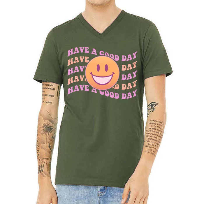 Retro Vintage Have A Good Day Smiley Emoji V-Neck T-Shirt