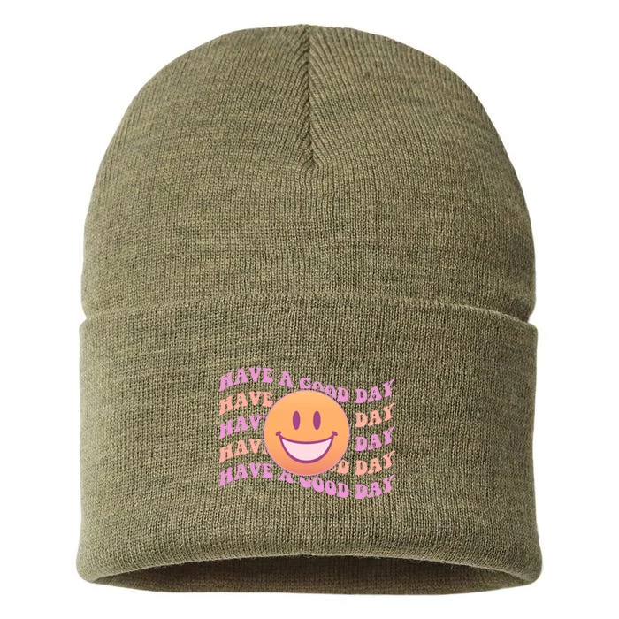 Retro Vintage Have A Good Day Smiley Emoji Sustainable Knit Beanie