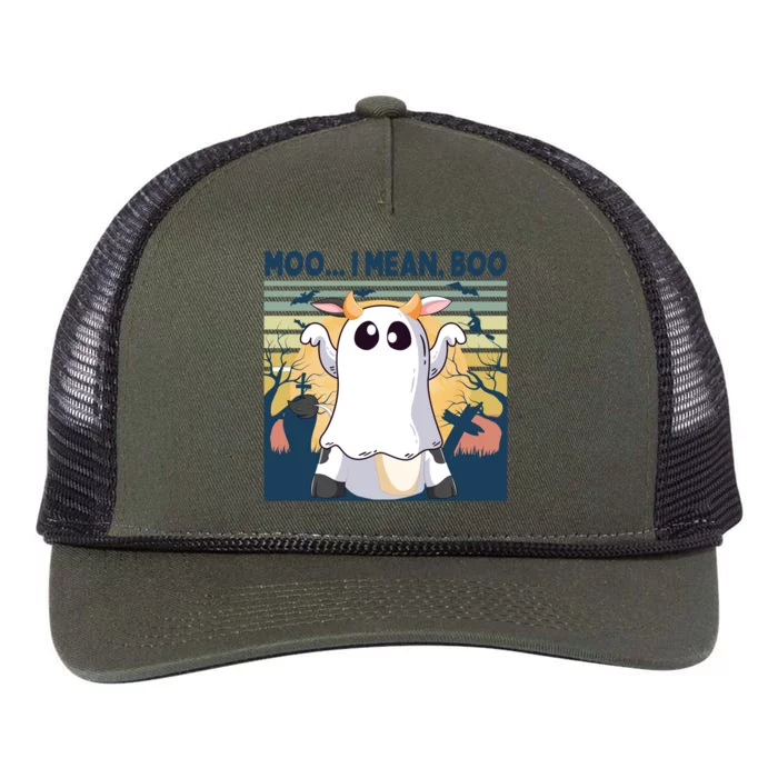 Retro Vintage Halloween Cow Ghost Moo I Mean Boo Gift Moo Cow Gift Retro Rope Trucker Hat Cap