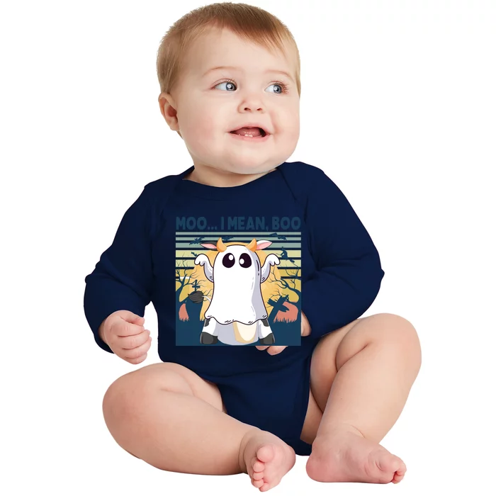 Retro Vintage Halloween Cow Ghost Moo I Mean Boo Gift Moo Cow Gift Baby Long Sleeve Bodysuit